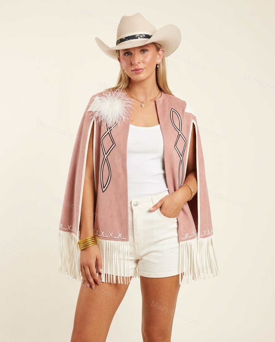Dusty Pink Geometric Cape Embroidered Outerwear, full-length hero view, by Massicos