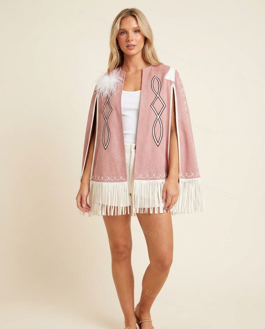 Dusty Pink Geometric Cape Embroidered Outerwear, side and back studio view, by Massicos