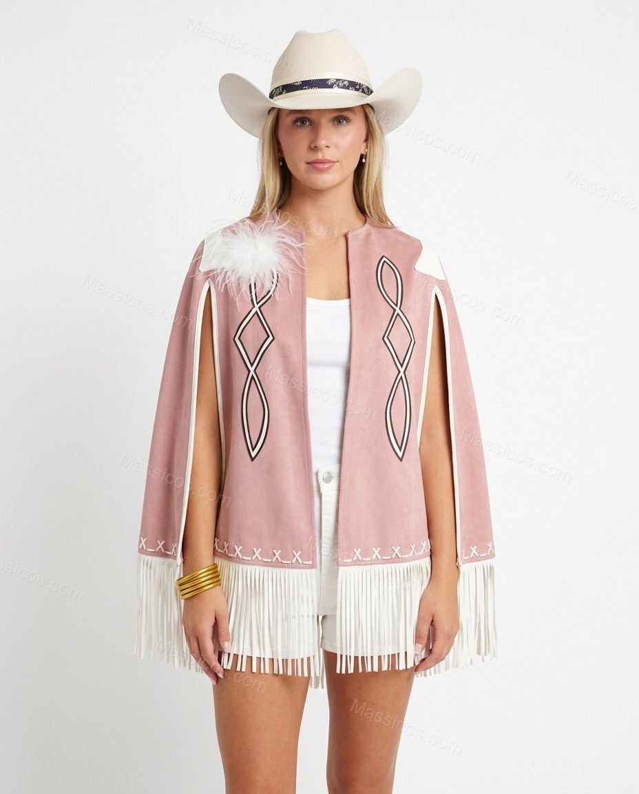 Dusty Pink Geometric Cape Embroidered Outerwear, front studio view, by Massicos