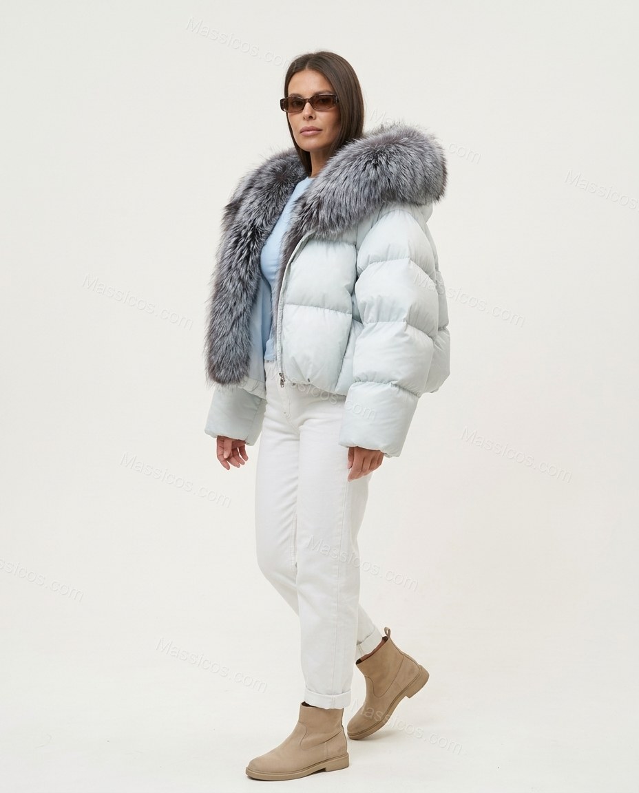 Icy Blue White Jacket, side and back studio view showing voluminous puffer back with a prominent fur-trimmed hood, by Massicos