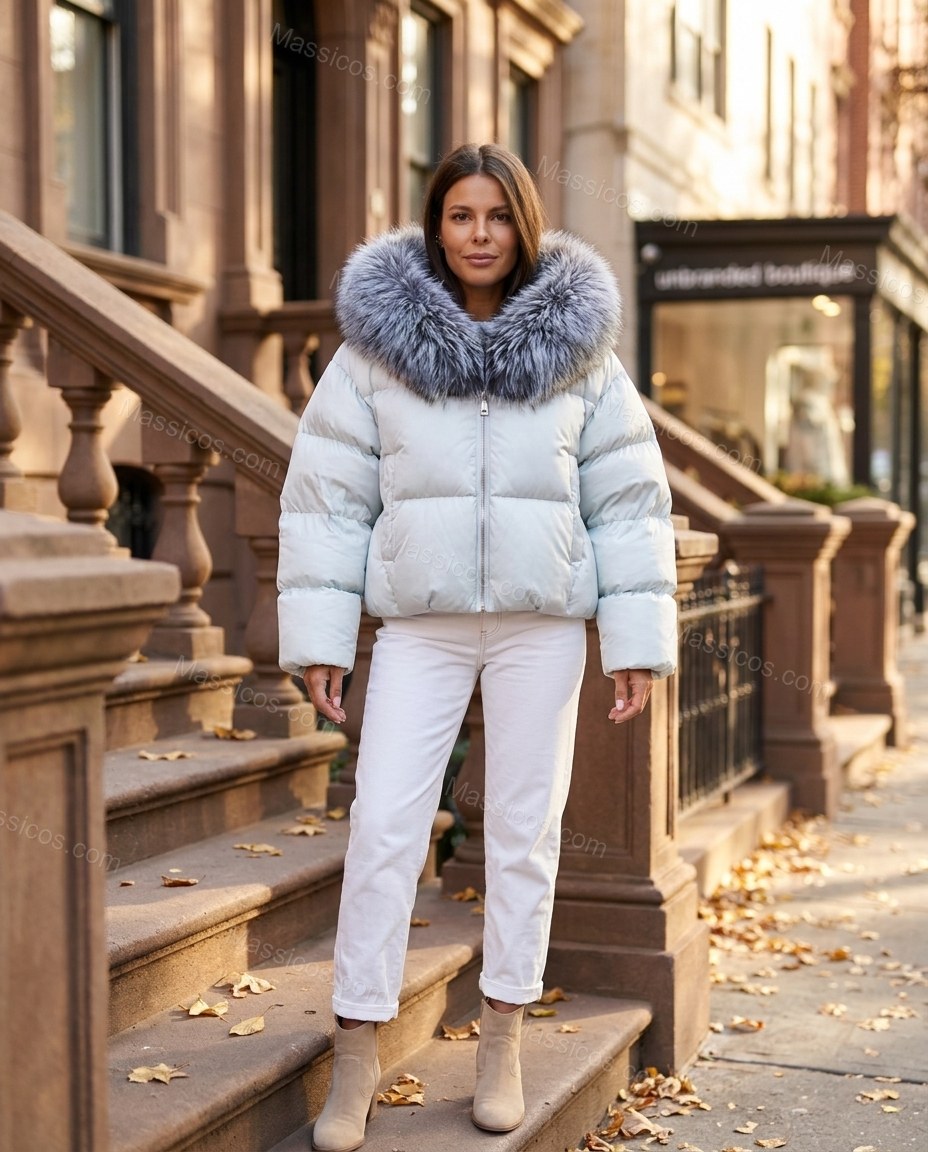 Icy Blue White Jacket, three-quarter brand lifestyle view, by Massicos