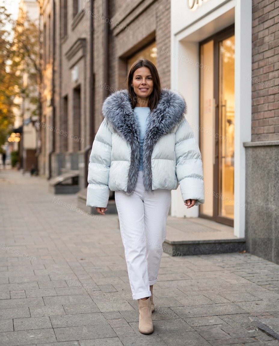 Icy Blue White Jacket, walking lifestyle view, by Massicos