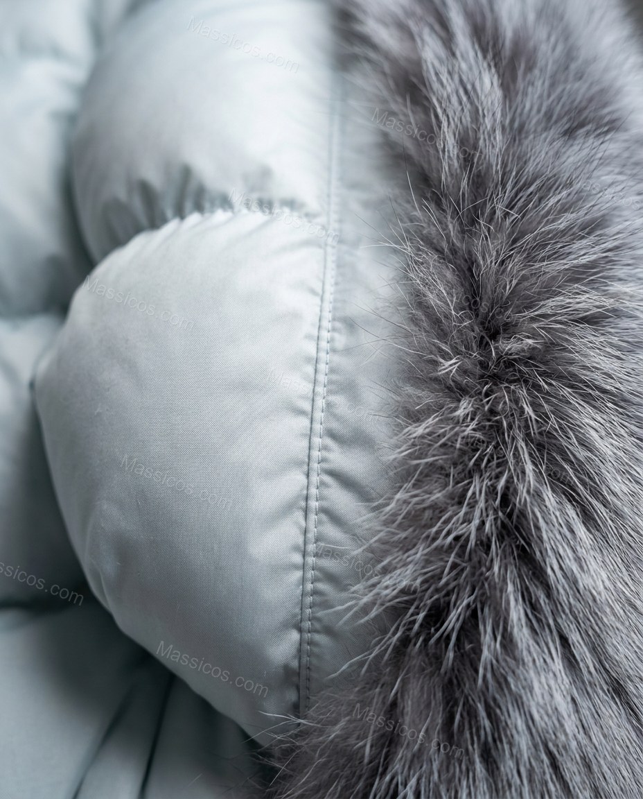 Icy Blue White Jacket, close-up of grey and black accents, fur collar and long sleeve, by Massicos