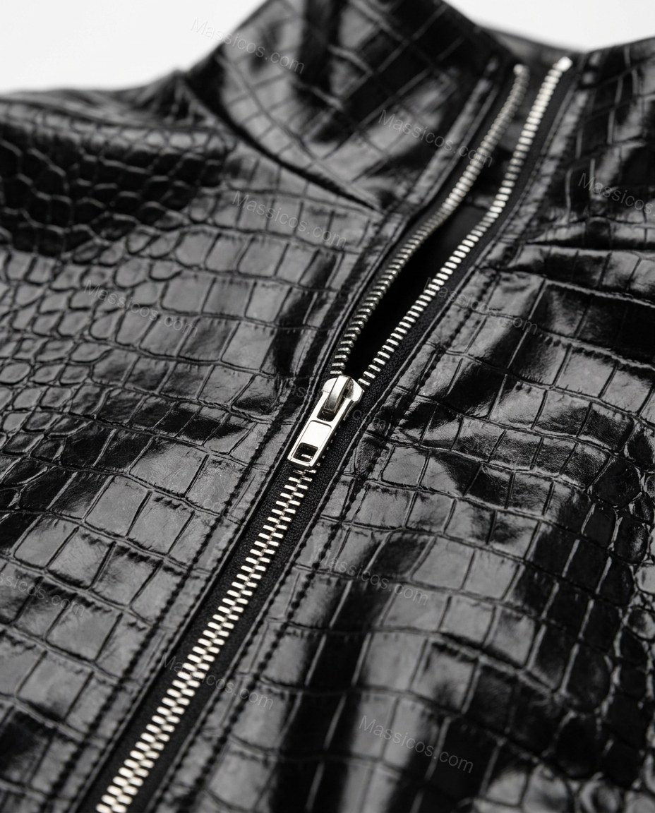 Black Jacket, close-up of mock neck, long sleeve and shift, by Massicos