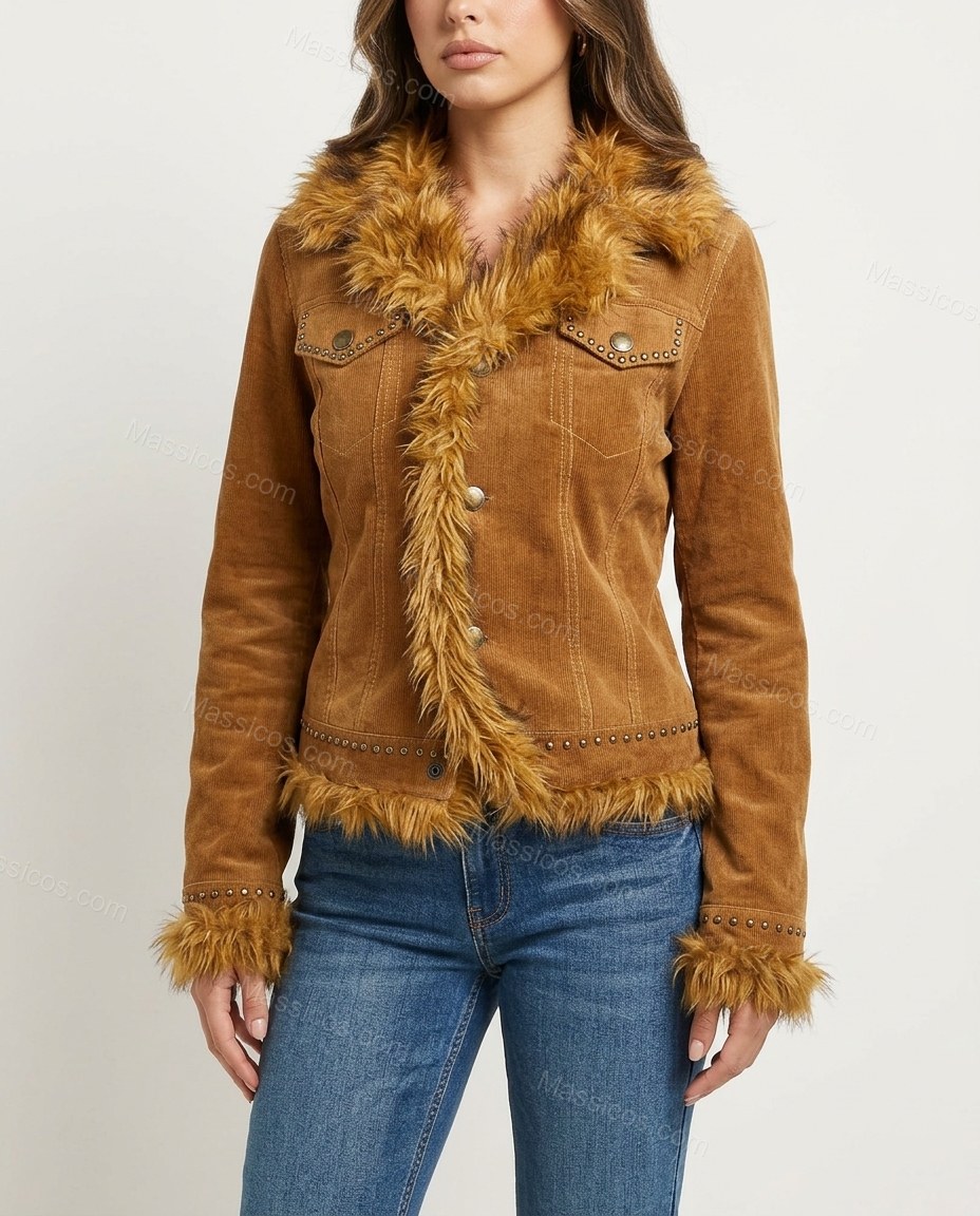 Caramel Brown Corduroy Faux-Fur Jacket, front studio view, by Massicos