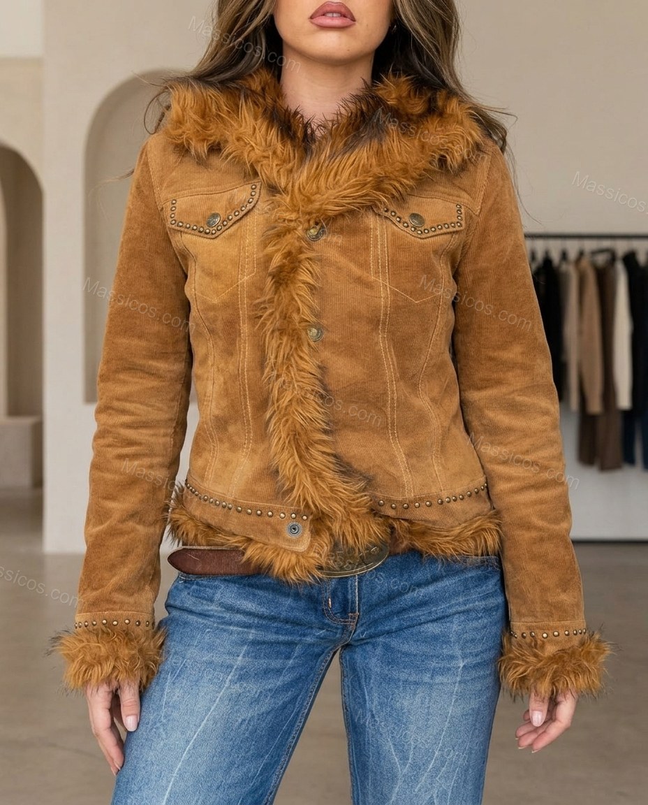 Caramel Brown Corduroy Faux-Fur Jacket, full-length hero view, by Massicos