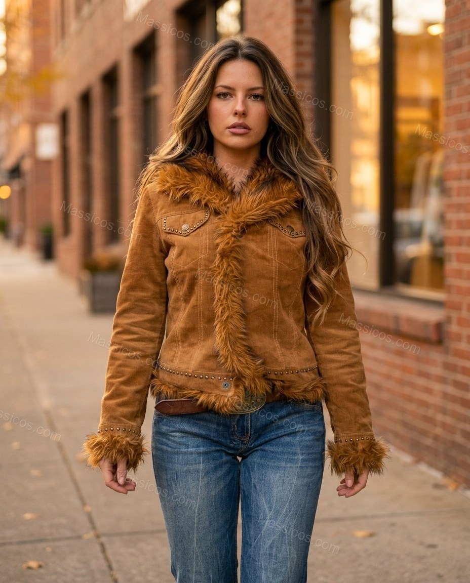 Caramel Brown Corduroy Faux-Fur Jacket, movement and fit lifestyle view, by Massicos