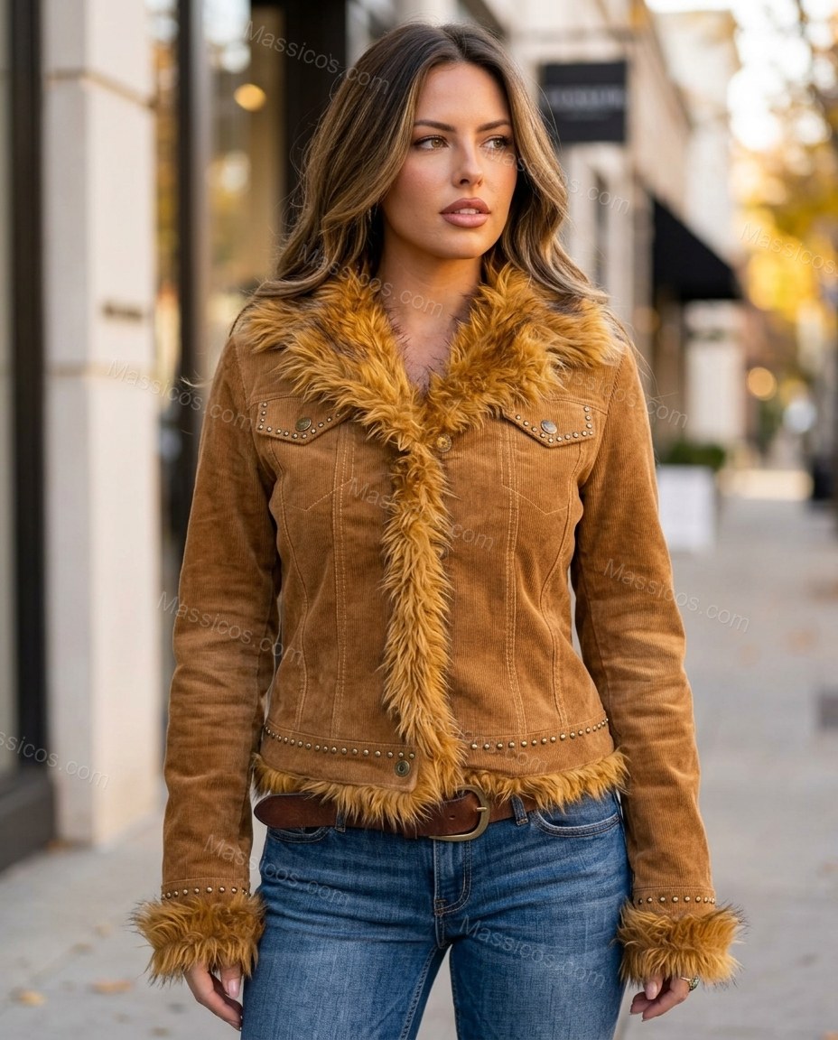 Caramel Brown Corduroy Faux-Fur Jacket, three-quarter brand lifestyle view, by Massicos