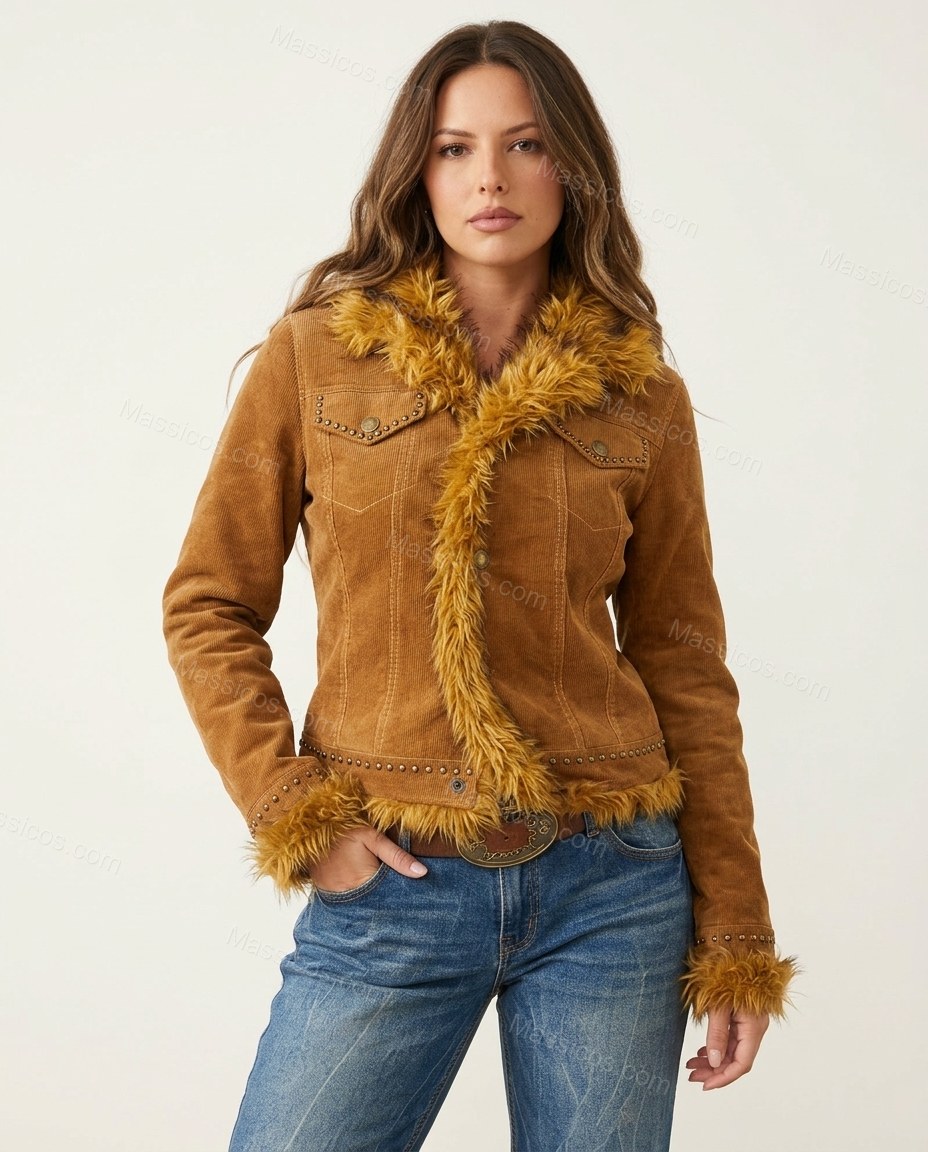 Caramel Brown Corduroy Faux-Fur Jacket, side and back studio view showing not visible, by Massicos