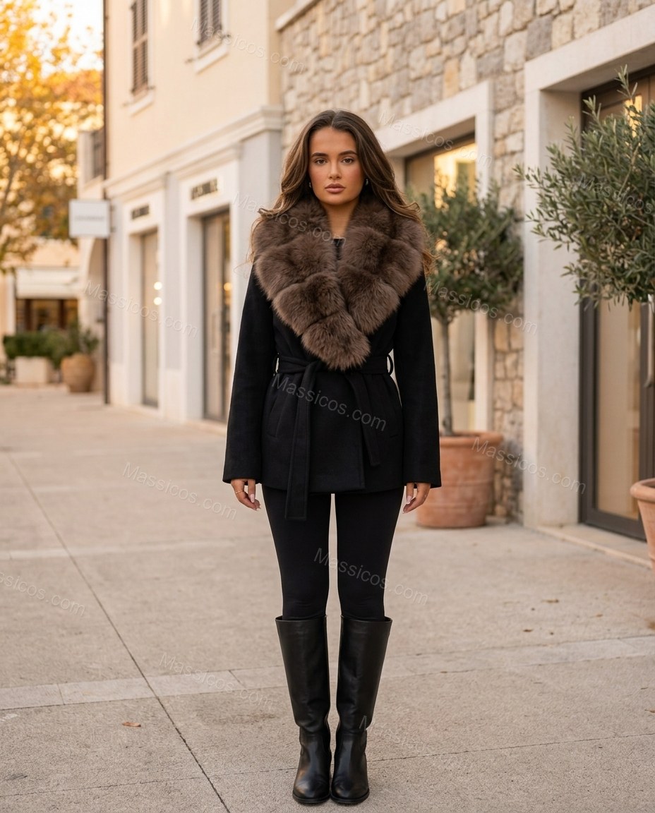 Black Coat, three-quarter brand lifestyle view, by Massicos