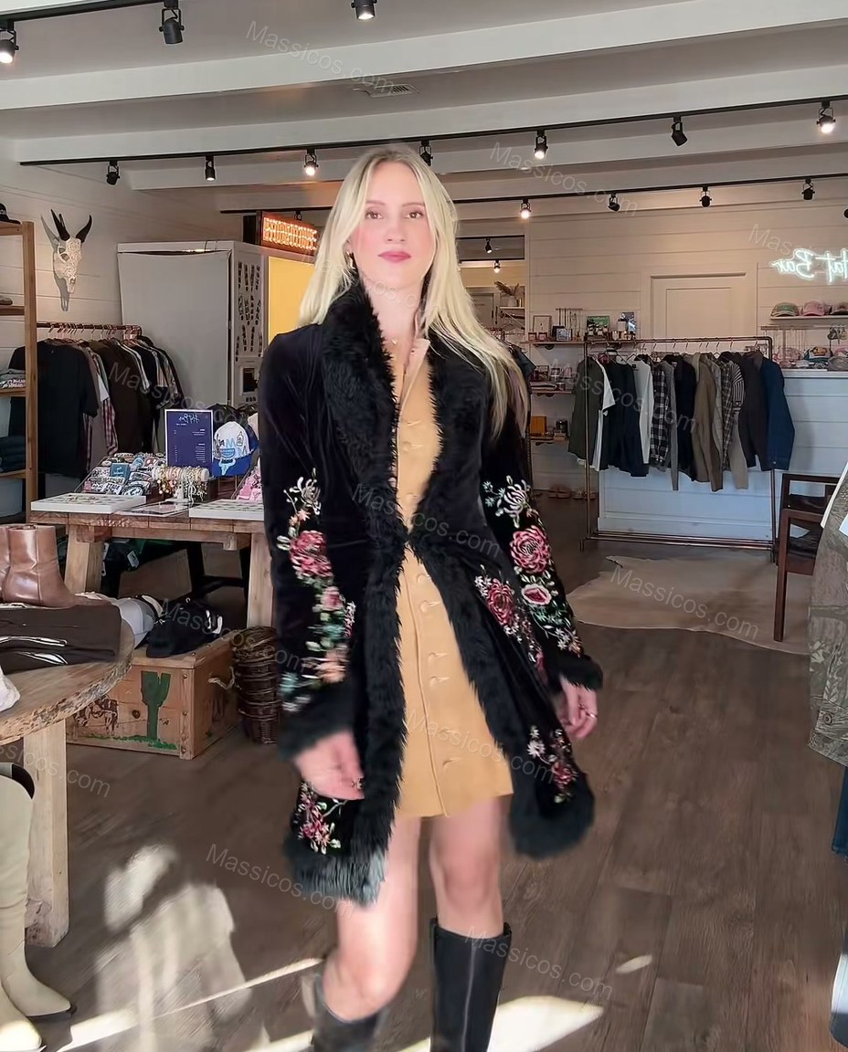 Black with Floral Embroidery Embroidered Coat, three-quarter brand lifestyle view, by Massicos
