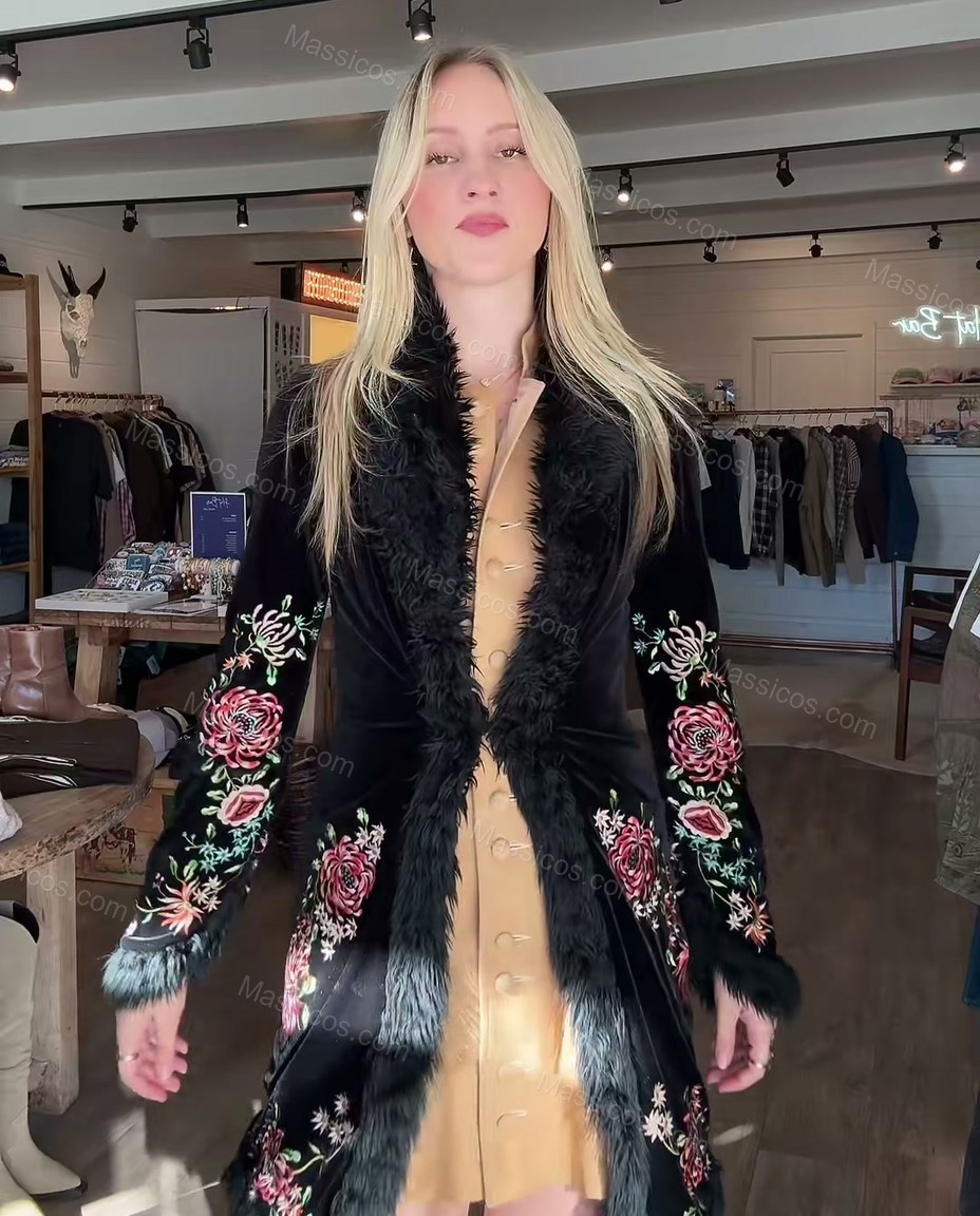 Black with Floral Embroidery Embroidered Coat, full-length hero view, by Massicos