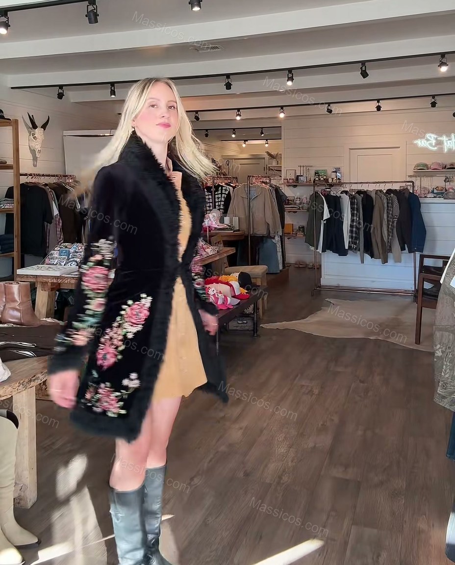 Black with Floral Embroidery Embroidered Coat, movement and fit lifestyle view, by Massicos