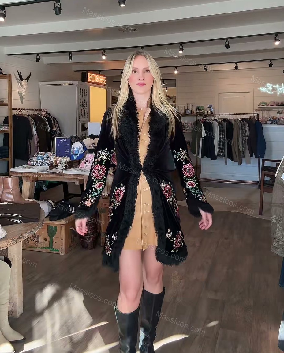 Black with Floral Embroidery Embroidered Coat, front studio view, by Massicos