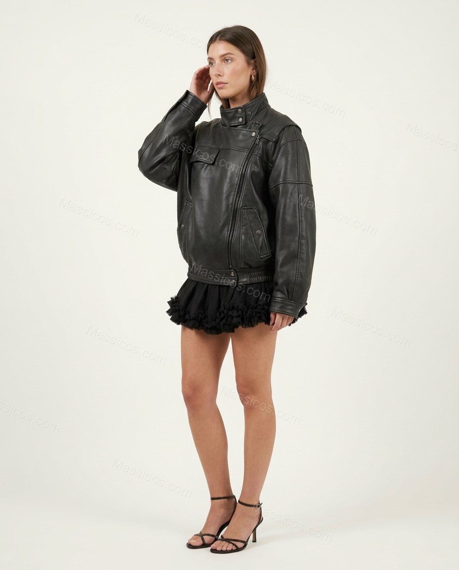 Dark Charcoal Black Ruffled Jacket, side and back studio view showing plain back with ribbed hem, by Massicos