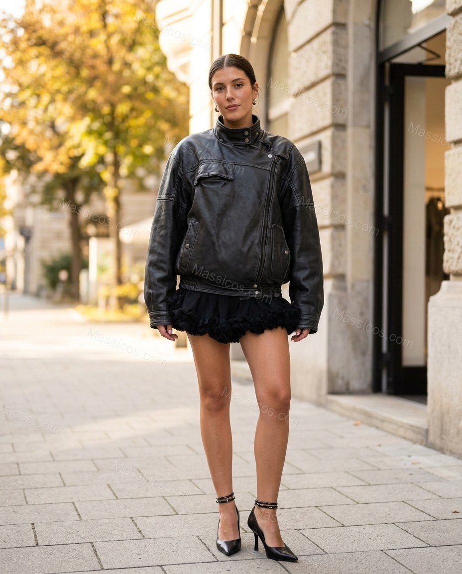 Dark Charcoal Black Ruffled Jacket, full-length hero view, by Massicos