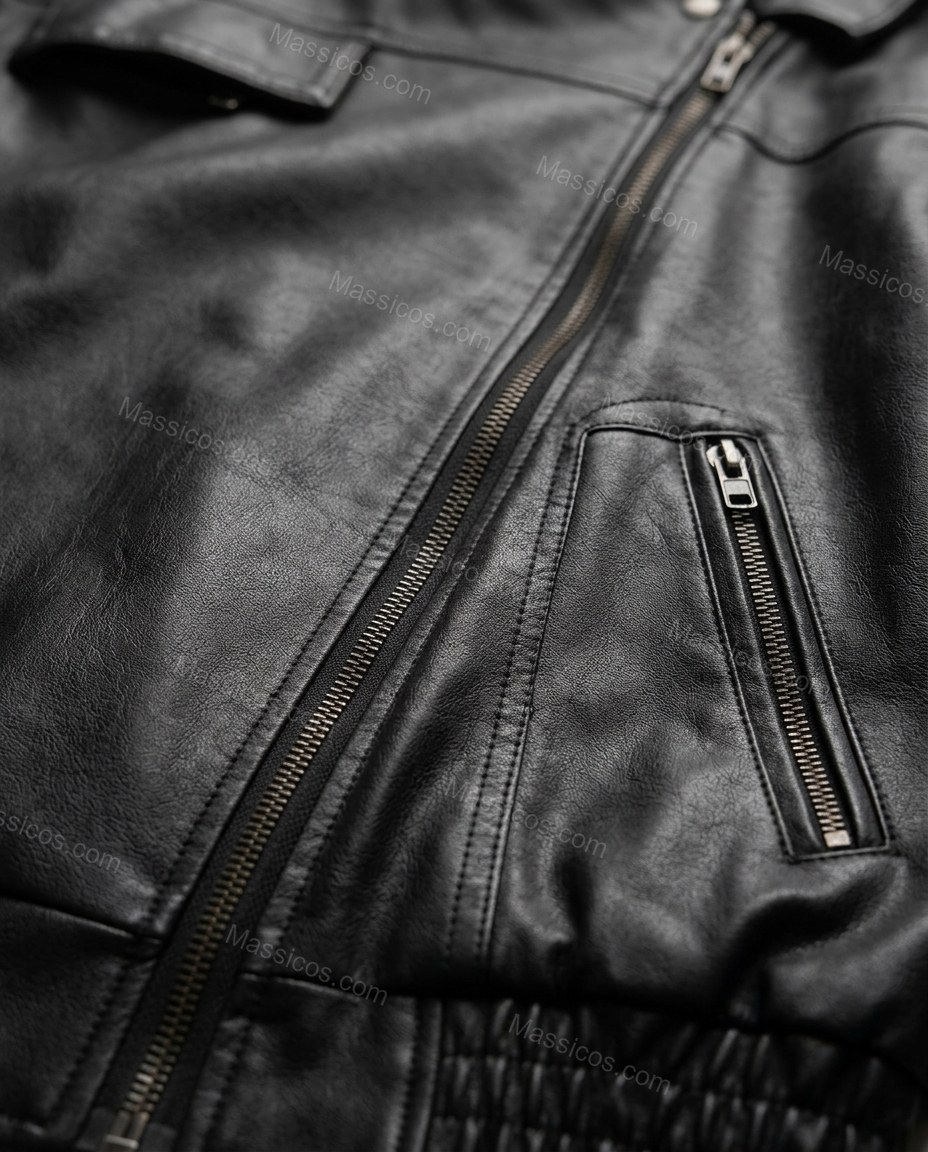 Dark Charcoal Black Ruffled Jacket, close-up of mock neck, set-in sleeve and smooth, by Massicos