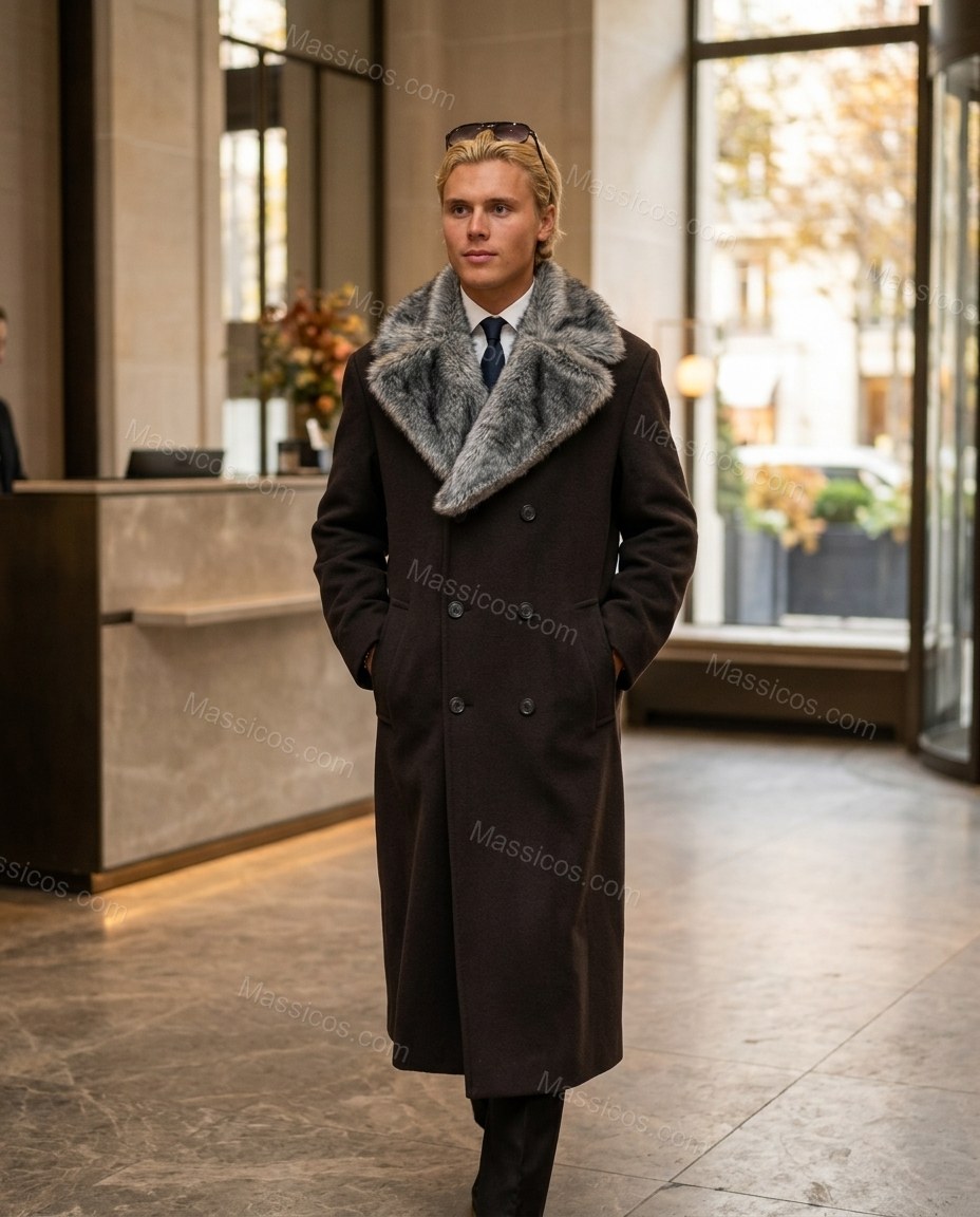 Dark Brown Coat, walking lifestyle view, by Massicos