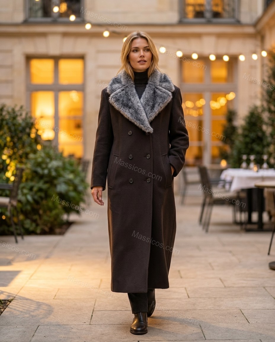 Dark Brown Coat, three-quarter brand lifestyle view, by Massicos