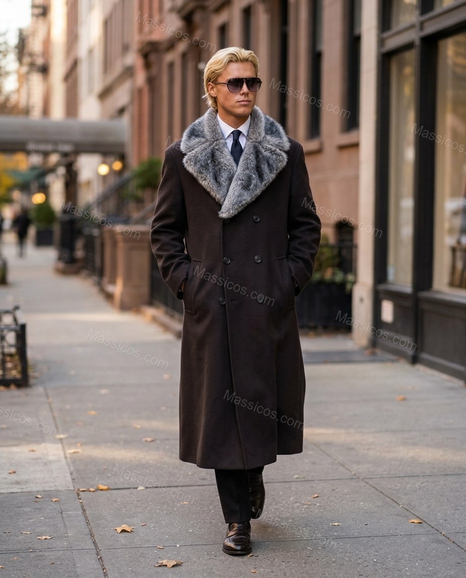 Dark Brown Coat, movement and fit lifestyle view, by Massicos