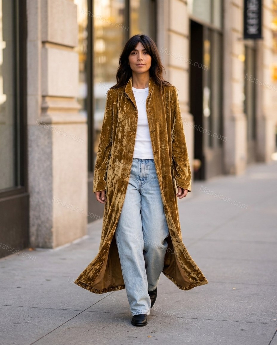 Golden Brown Velvet Coat, movement and fit lifestyle view, by Massicos