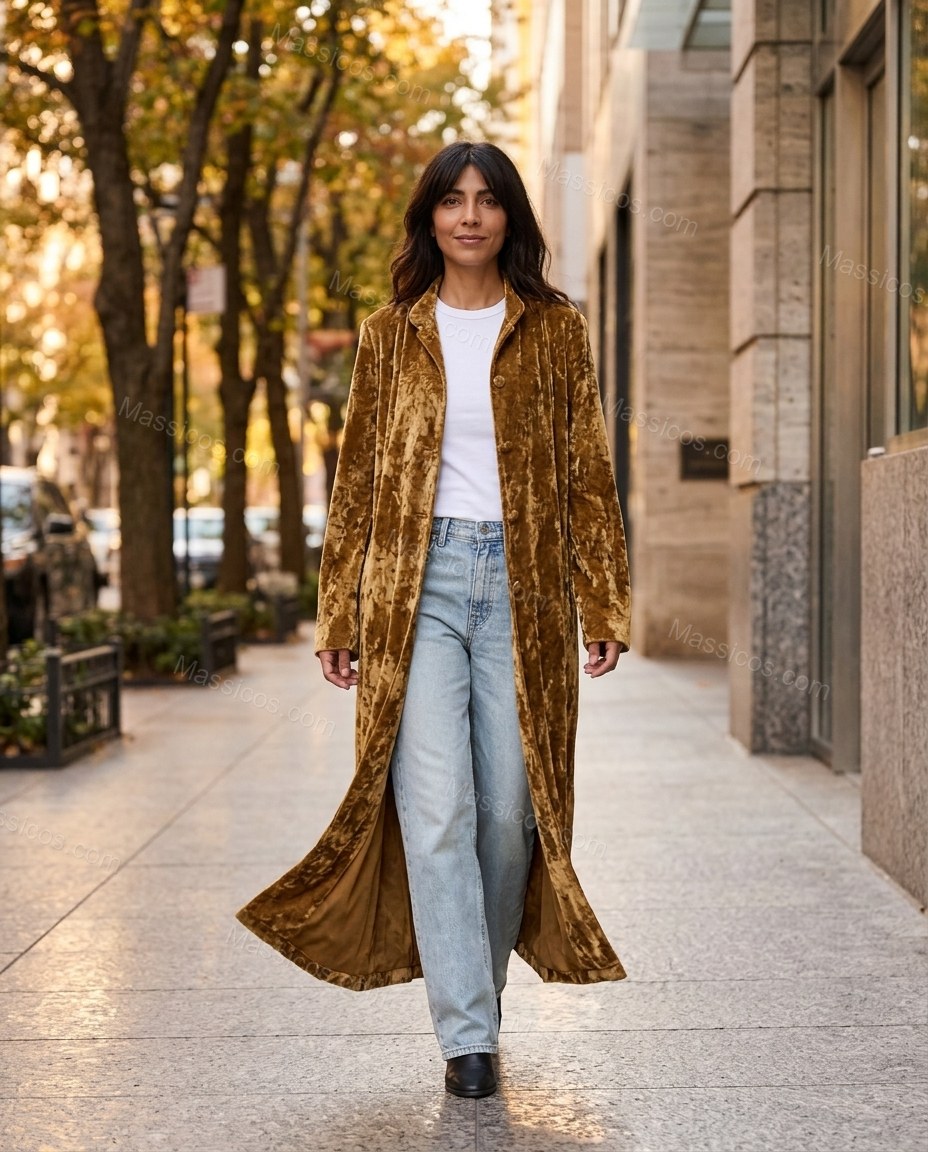 Golden Brown Velvet Coat, walking lifestyle view, by Massicos