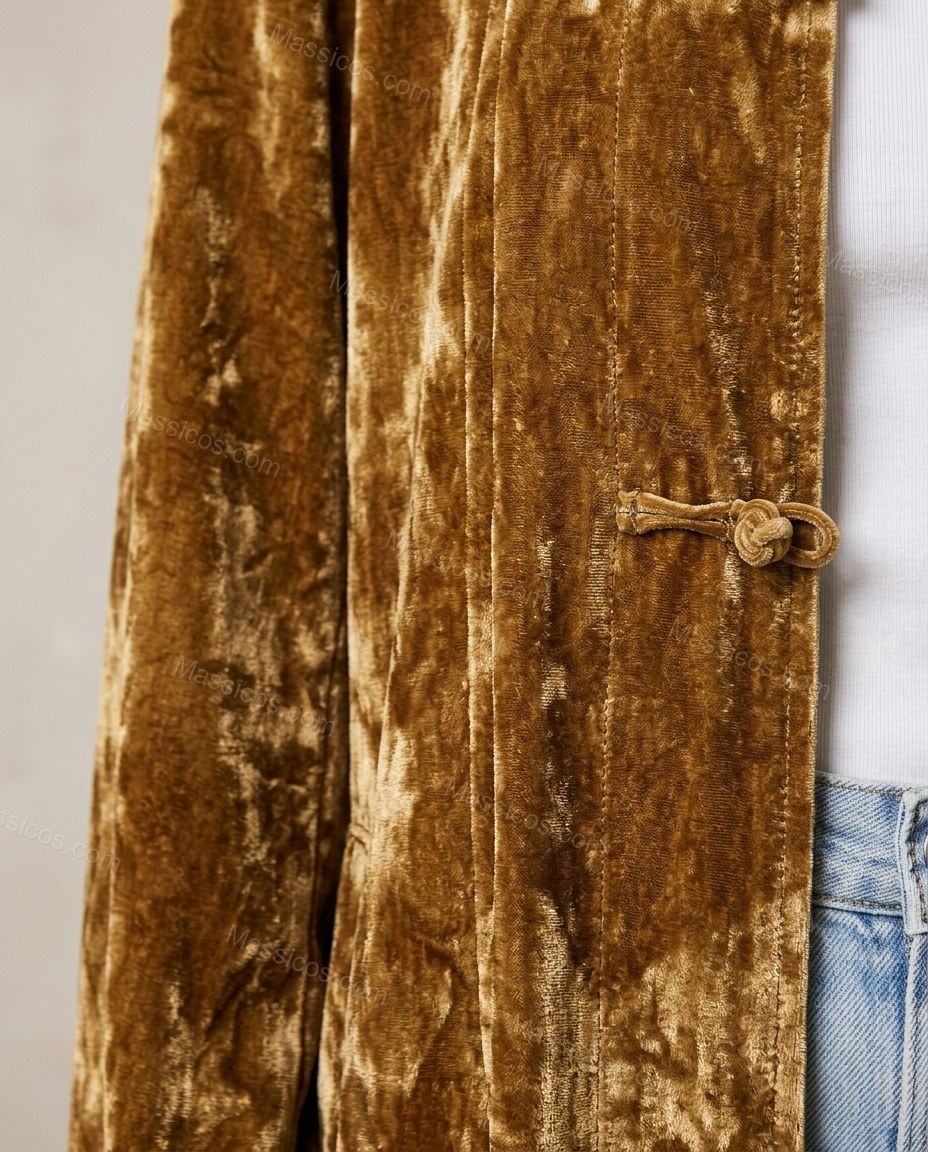 Golden Brown Velvet Coat, close-up of notched collar, long sleeve and straight silhouette, by Massicos