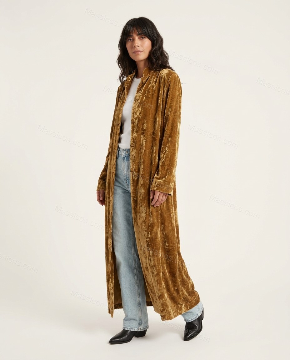 Golden Brown Velvet Coat, side and back studio view showing plain, straight back, by Massicos