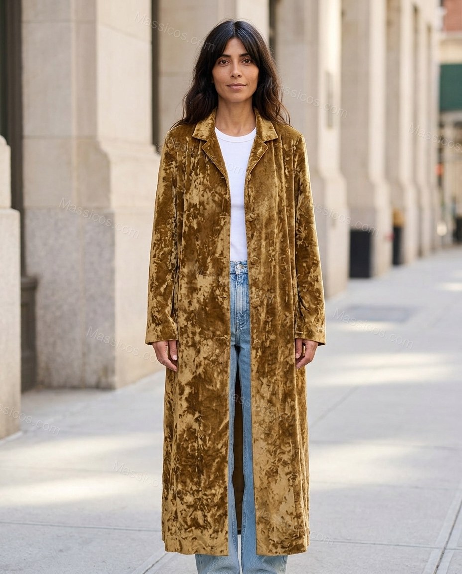 Golden Brown Velvet Coat, full-length hero view, by Massicos