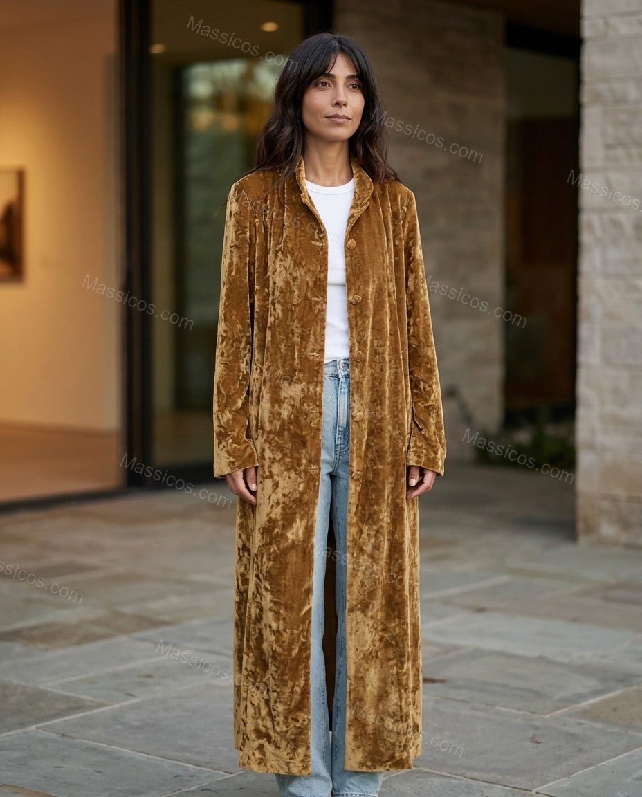 Golden Brown Velvet Coat, alternate use-case lifestyle view, by Massicos