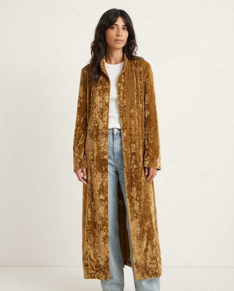 Golden Brown Velvet Coat, front studio view, by Massicos