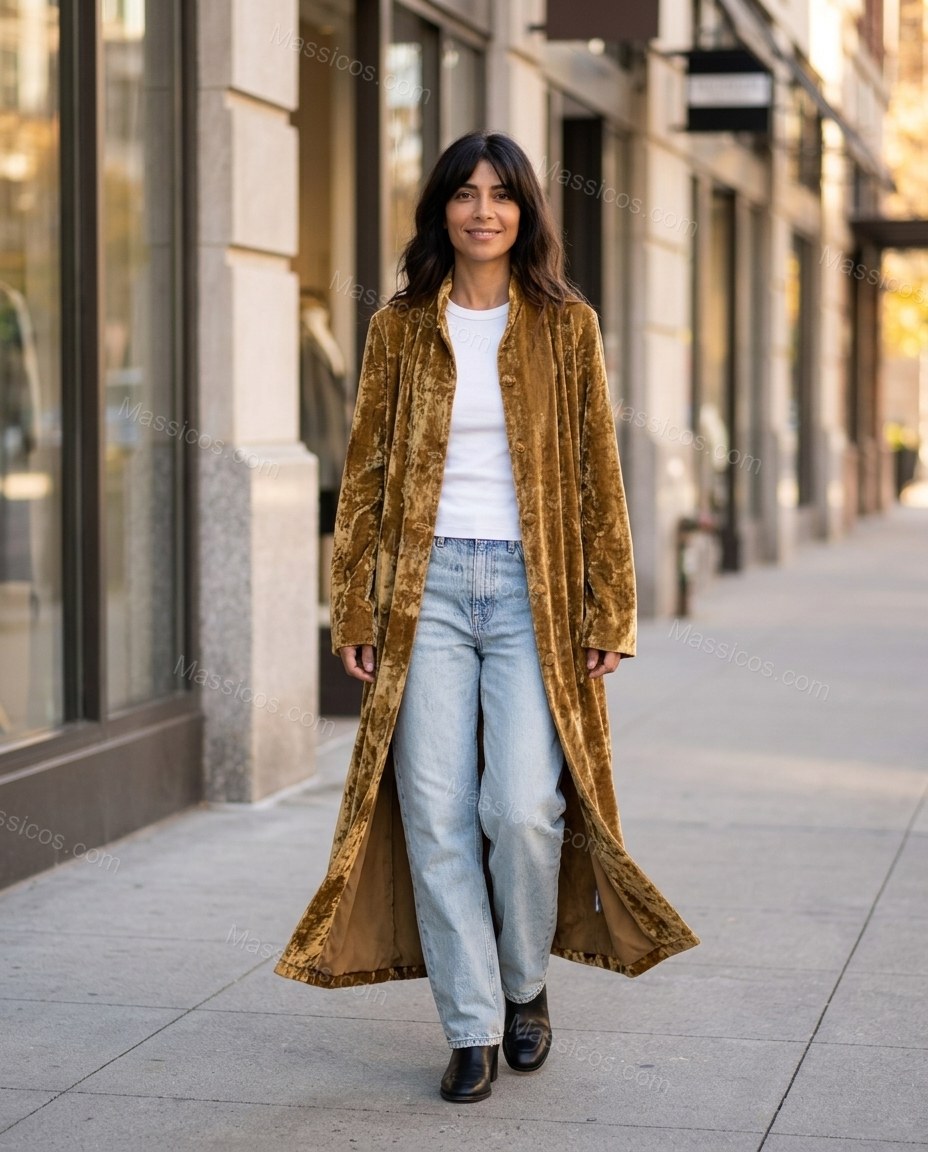 Golden Brown Velvet Coat, three-quarter brand lifestyle view, by Massicos