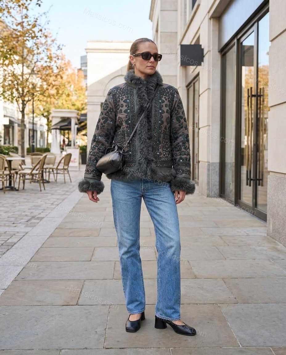 Dark Grey with Patterned Panels Paisley Jacket, alternate use-case lifestyle view, by Massicos