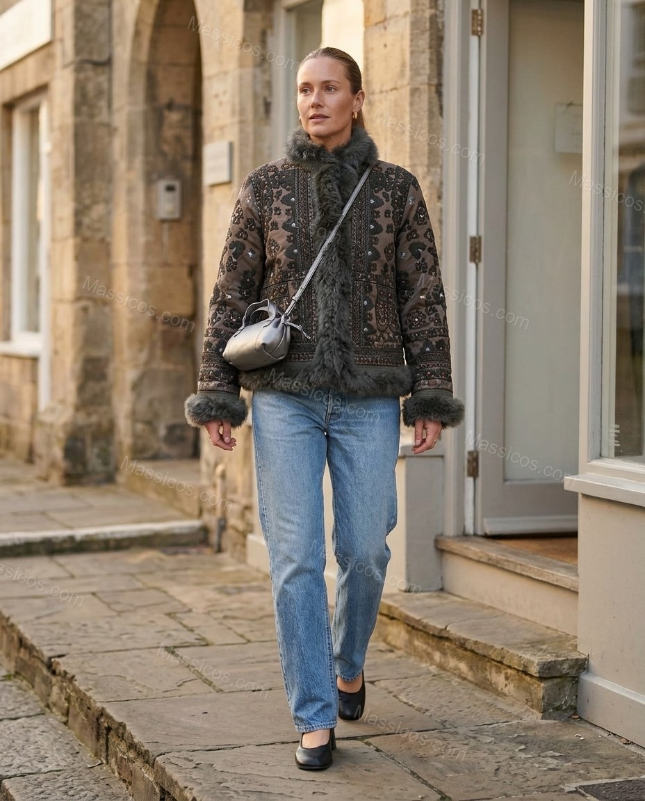 Dark Grey with Patterned Panels Paisley Jacket, movement and fit lifestyle view, by Massicos