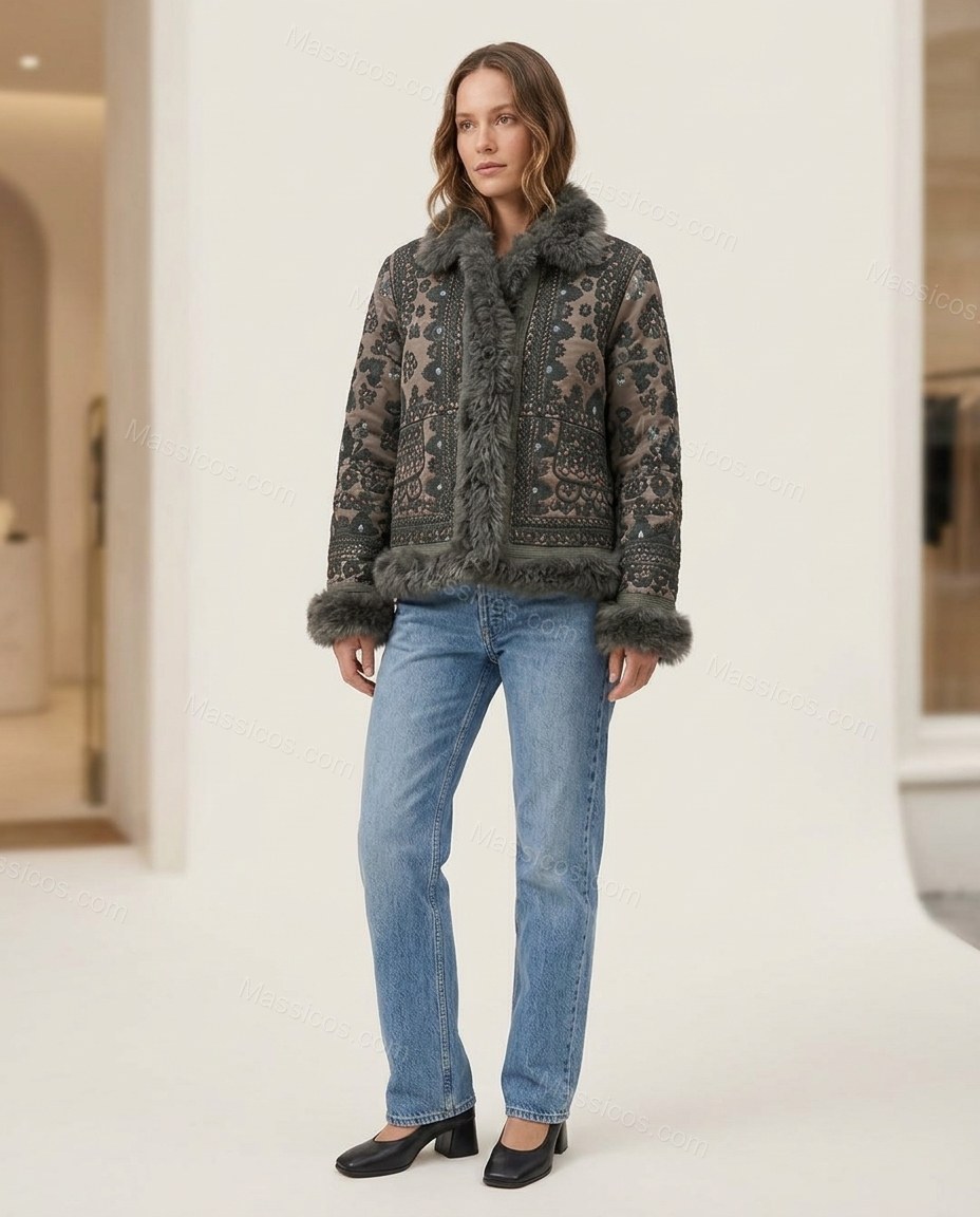 Dark Grey with Patterned Panels Paisley Jacket, full-length hero view, by Massicos