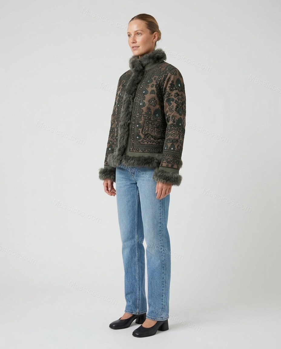 Dark Grey with Patterned Panels Paisley Jacket, side and back studio view, by Massicos