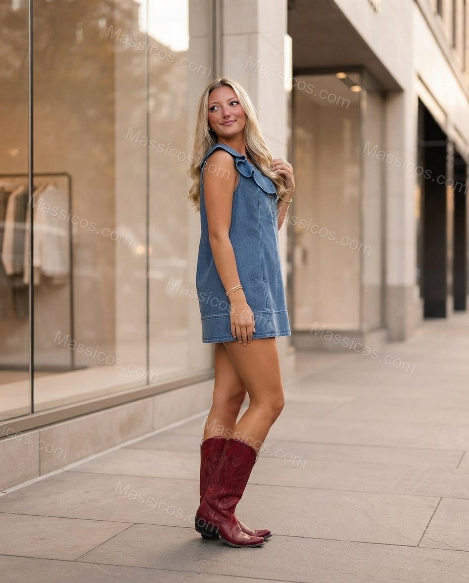 Denim Blue Grace City Layer Ruffled Mini Dress Denim Blue Mini Dress with Relaxed Fit silhouette and Textured texture, fabric and construction detail for Pre-Fall, a cafe plan, Fall current summer selling first with a light late-summer/pre-fall accent: ma by Massicos