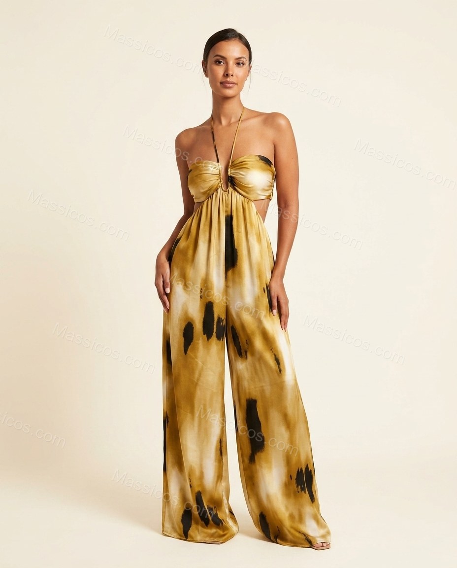 Mustard Muse City Layer Abstract Print Jumpsuit Mustard Jumpsuit with Wide-Leg silhouette and Satin texture, side or back garment view for Pre-Fall, an office-to-dinner transition, Fall current summer selling first with a light late-summer/pre-fall accent by Massicos