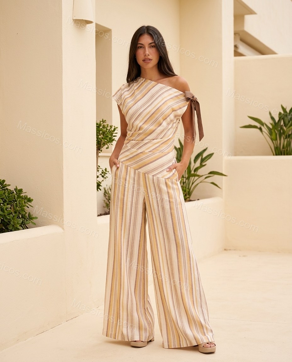 Ivory Glow Office Edit Striped Jumpsuit Ivory Jumpsuit with Asymmetric silhouette and Textured texture, front view product image for Pre-Fall, a gallery evening, Fall current summer selling first with a light late-summer/pre-fall accent: make it wearable by Massicos