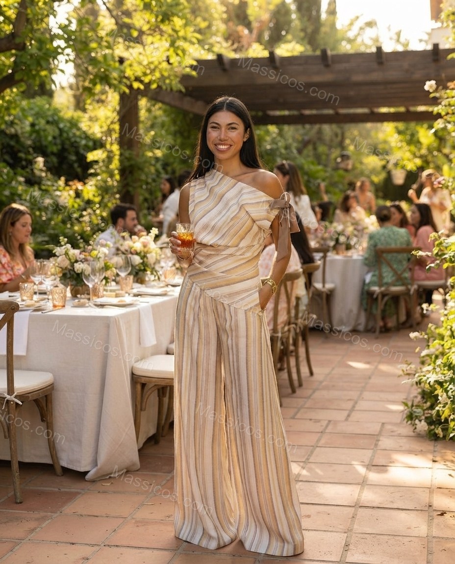 Ivory Glow Office Edit Striped Jumpsuit Ivory Jumpsuit with Asymmetric silhouette and Textured texture, editorial ecommerce scene for Pre-Fall, a gallery evening, Fall current summer selling first with a light late-summer/pre-fall accent: make it wearable by Massicos