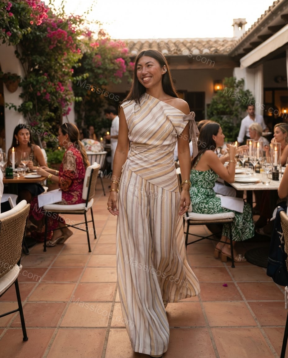 Ivory Glow Office Edit Striped Jumpsuit Ivory Jumpsuit with Asymmetric silhouette and Textured texture, lifestyle scene image for Pre-Fall, a gallery evening, Fall current summer selling first with a light late-summer/pre-fall accent: make it wearable now by Massicos