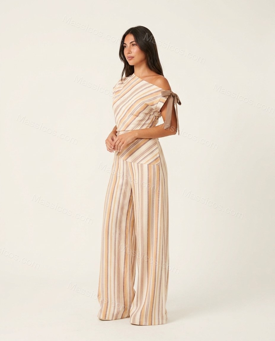 Ivory Glow Office Edit Striped Jumpsuit Ivory Jumpsuit with Asymmetric silhouette and Textured texture, side or back garment view for Pre-Fall, a gallery evening, Fall current summer selling first with a light late-summer/pre-fall accent: make it wearable by Massicos