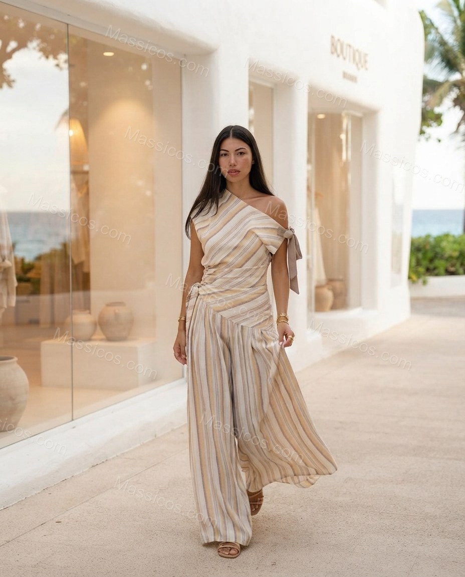 Ivory Glow Office Edit Striped Jumpsuit Ivory Jumpsuit with Asymmetric silhouette and Textured texture, outdoor styling image for Pre-Fall, a gallery evening, Fall current summer selling first with a light late-summer/pre-fall accent: make it wearable now by Massicos