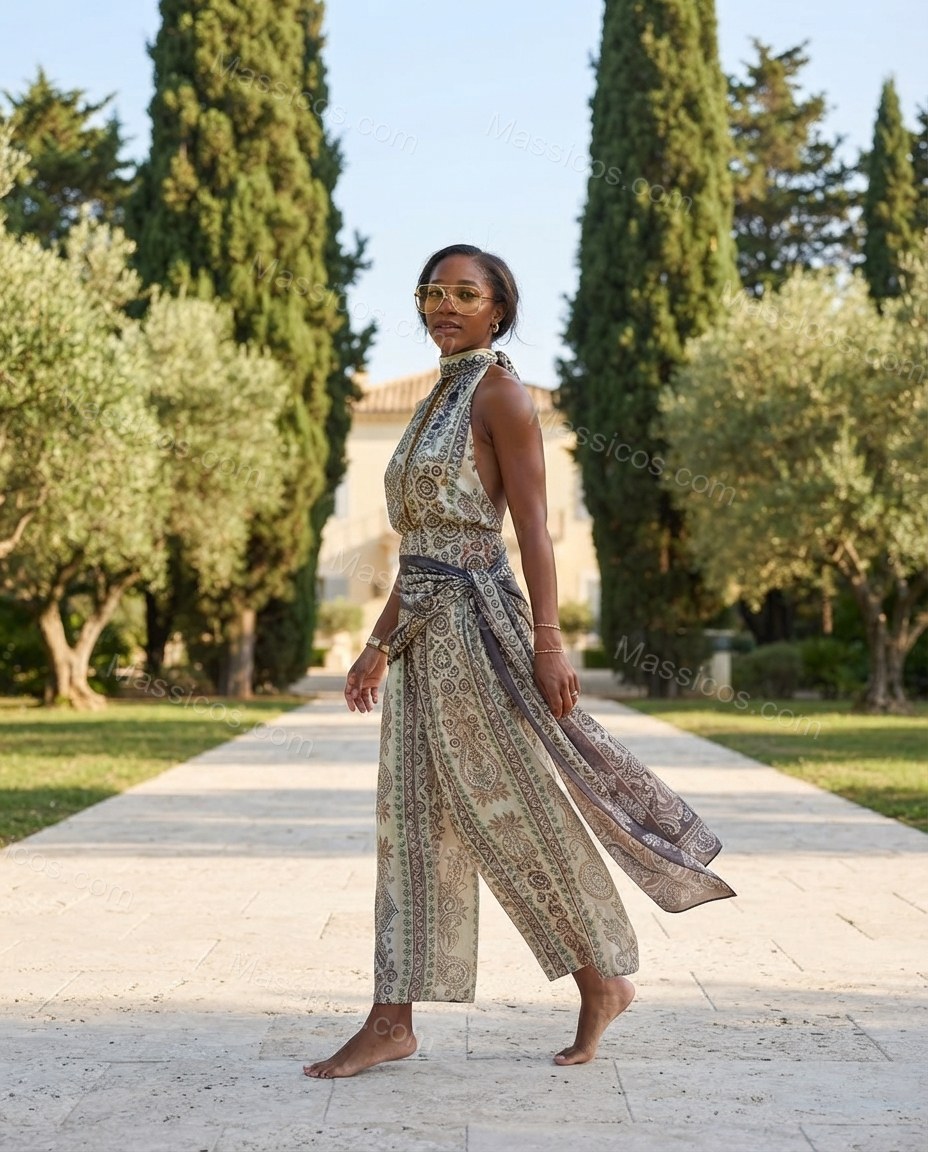 Ivory Whisper Resort Dinner Paisley Jumpsuit Ivory Jumpsuit with Wide-Leg silhouette and Textured texture, side or back garment view for Pre-Fall, an office-to-dinner transition, Fall current summer selling first with a light late-summer/pre-fall accent: by Massicos