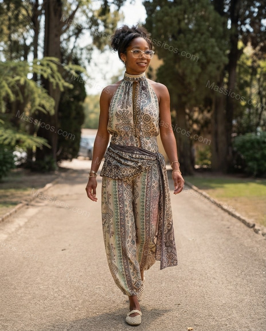 Ivory Whisper Resort Dinner Paisley Jumpsuit Ivory Jumpsuit with Wide-Leg silhouette and Textured texture, front view product image for Pre-Fall, an office-to-dinner transition, Fall current summer selling first with a light late-summer/pre-fall accent: m by Massicos