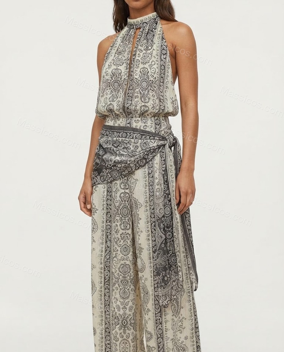 Ivory Whisper Resort Dinner Paisley Jumpsuit Ivory Jumpsuit with Wide-Leg silhouette and Textured texture, additional styling view for Pre-Fall, an office-to-dinner transition, Fall current summer selling first with a light late-summer/pre-fall accent: ma by Massicos