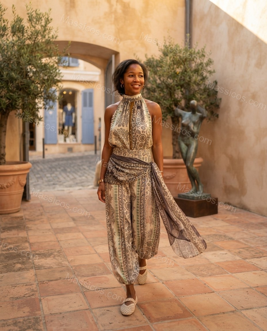 Ivory Whisper Resort Dinner Paisley Jumpsuit Ivory Jumpsuit with Wide-Leg silhouette and Textured texture, fabric and construction detail for Pre-Fall, an office-to-dinner transition, Fall current summer selling first with a light late-summer/pre-fall acc by Massicos