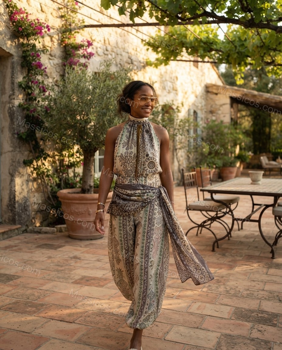 Ivory Whisper Resort Dinner Paisley Jumpsuit Ivory Jumpsuit with Wide-Leg silhouette and Textured texture, editorial ecommerce scene for Pre-Fall, an office-to-dinner transition, Fall current summer selling first with a light late-summer/pre-fall accent: by Massicos