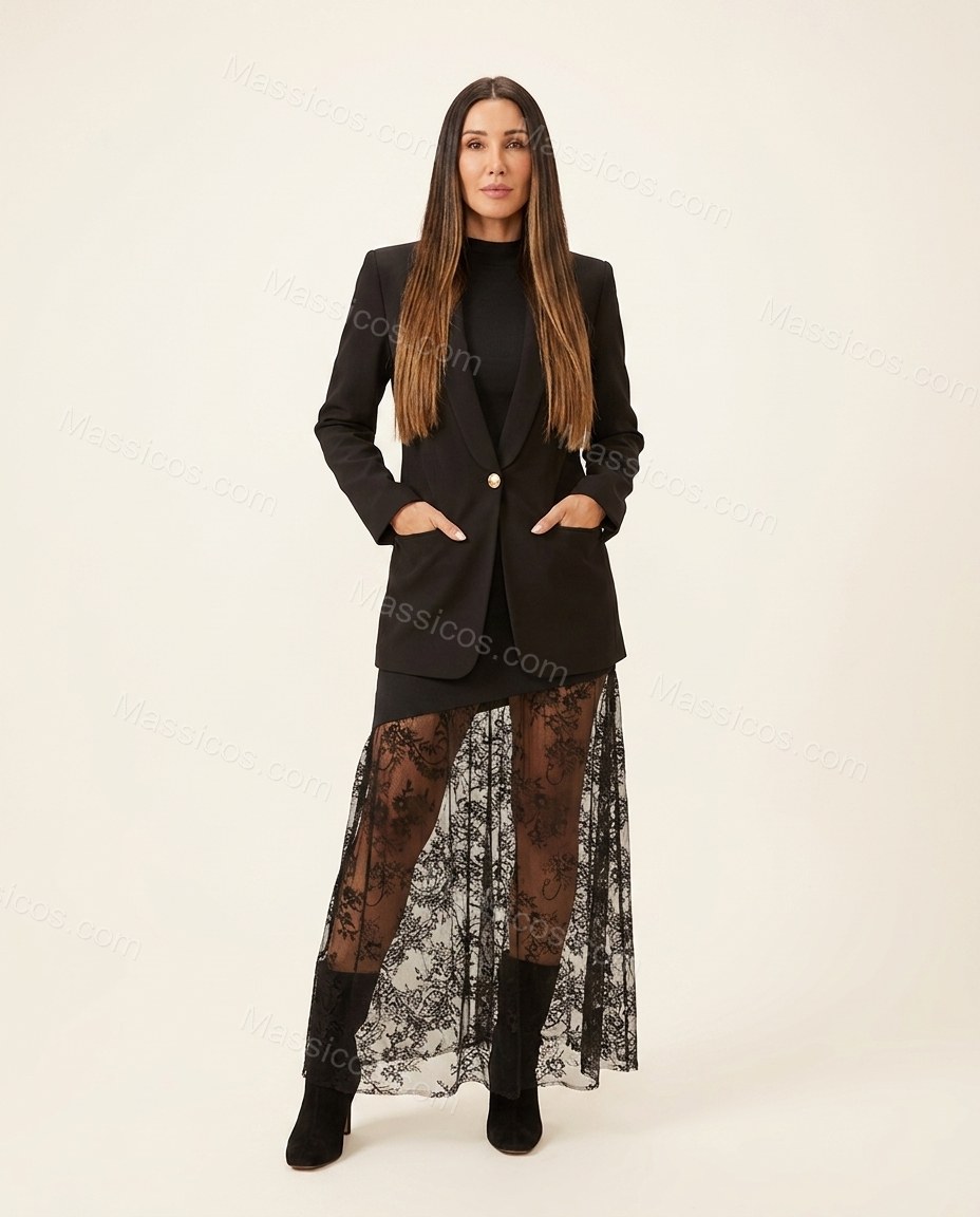 Black Glow Cocktail Hour Lace Maxi Dress Black Maxi Dress with Asymmetric silhouette and Textured texture, clean studio product view for Pre-Fall, a gallery evening, Fall current summer selling first with a light late-summer/pre-fall accent: make it weara by Massicos