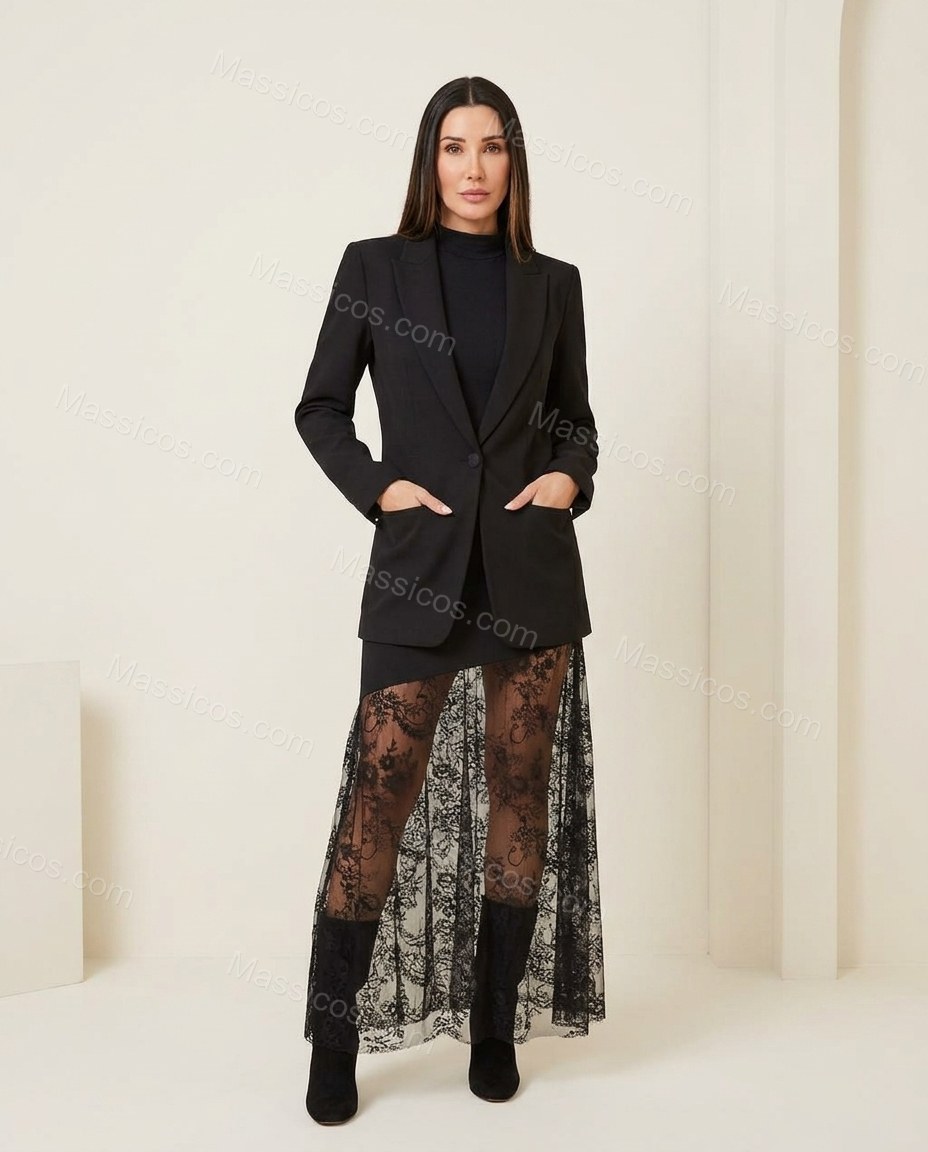 Black Glow Cocktail Hour Lace Maxi Dress Black Maxi Dress with Asymmetric silhouette and Textured texture, side or back garment view for Pre-Fall, a gallery evening, Fall current summer selling first with a light late-summer/pre-fall accent: make it weara by Massicos